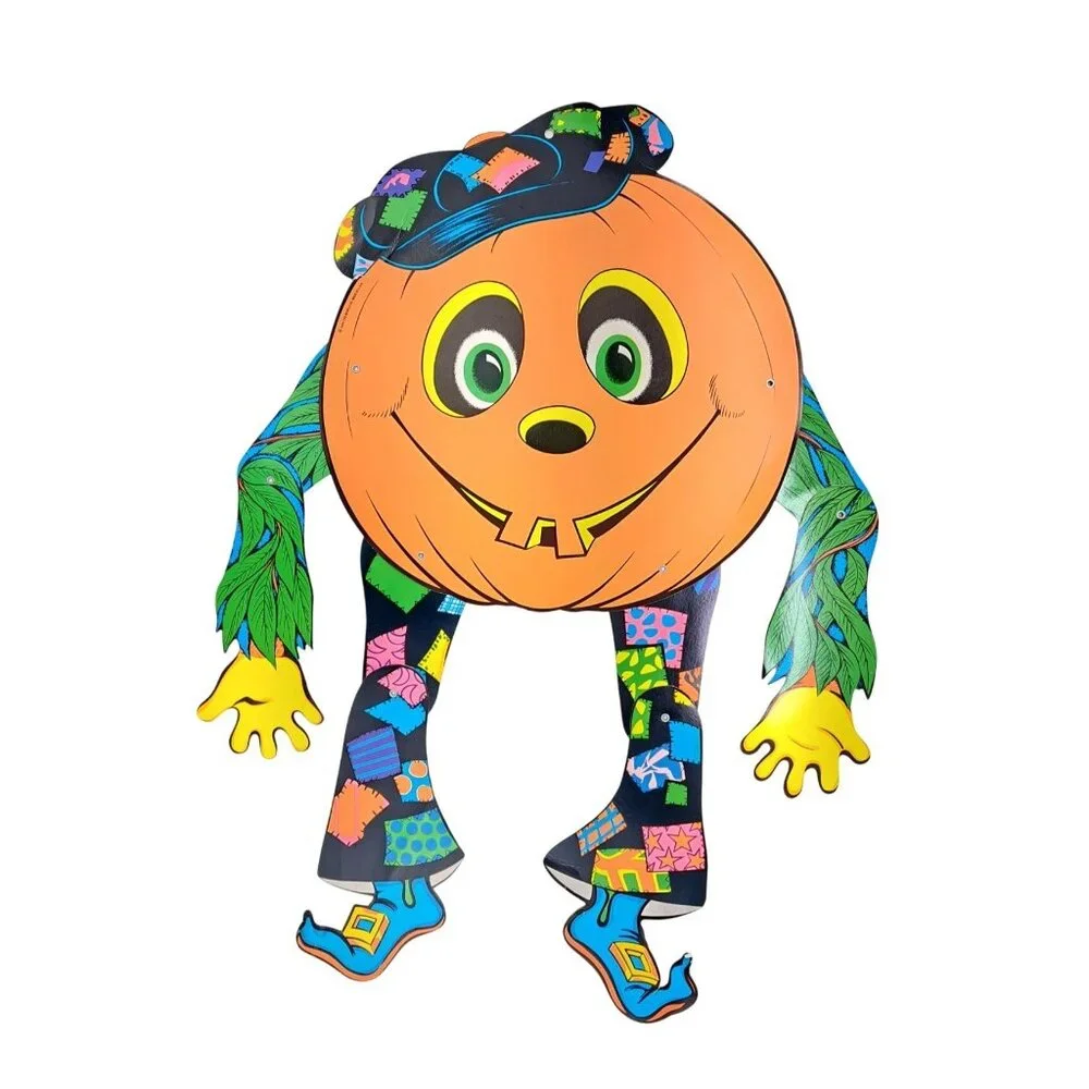 Vintage Beistle Pumpkin Halloween Decoration Hippie Jointed Diecut Glowing 1976